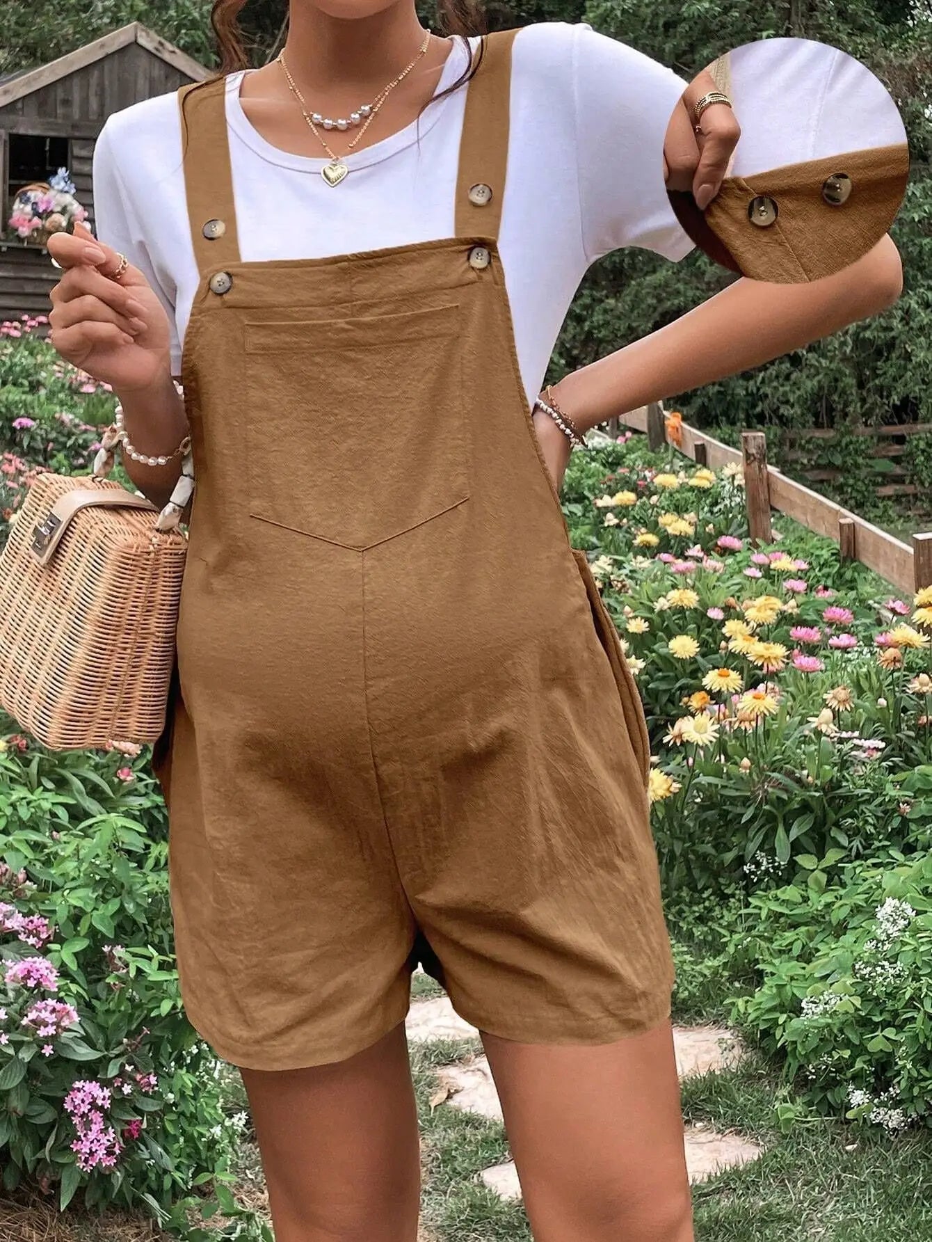 Summer New Pregnant Women's Solid Color Suspender Jumpsuit with Adjustable Waist Comfortable Casual Women's Shorts