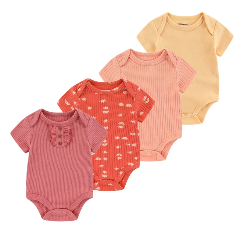 4-Piece Baby Romper Set, Soft Cotton Cartoon Print Short Sleeve Bodysuits for Newborn Boys and Girls (0–12M)
