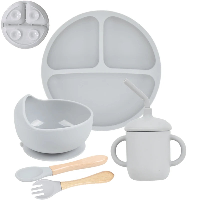5Pcs/Set Baby Soft Silicone Tableware Kid Feeding Dishe Sucker Plate Bowl Spoon Fork Set Children Dishes Non-slip Dinnerware Set