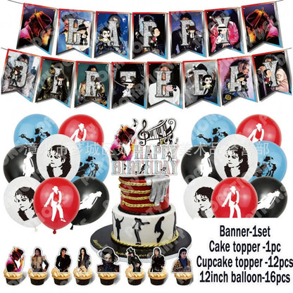 Music&Michael&J-jackson Birthday Party Supplies Banner Latex Balloons Cake Topper Cupcake Toppers Backdrop Fans Kids Adults Gift