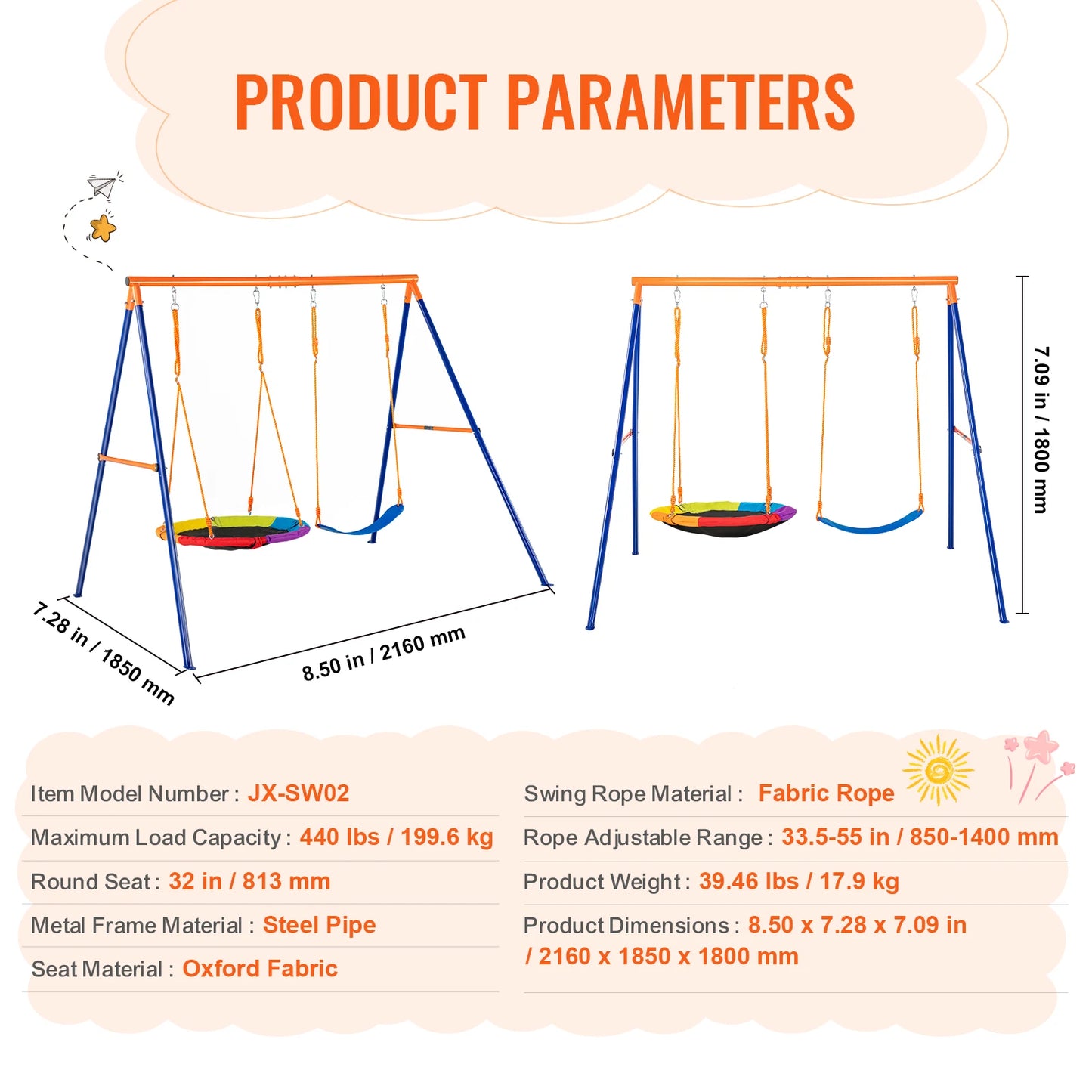 Swing Sets for Backyard 600lbs Capacity Swing Set with 1 Saucer Swing Seat 2 Belt Swing Seats Outdoor for Kids