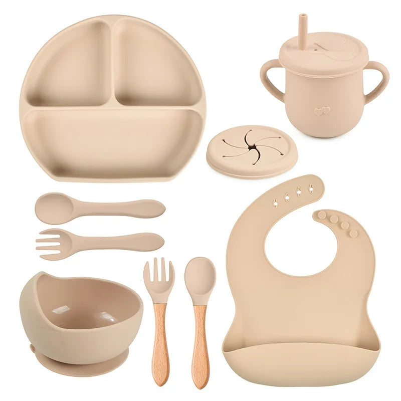 3/9Pcs Baby Tableware Set Food Grade Silicone Baby Dishes for Children's Cute Print Bib Bowl Non-Slip Plates with Sucker BPAFREE