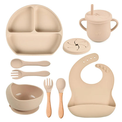 3/9Pcs Baby Tableware Set Food Grade Silicone Baby Dishes for Children's Cute Print Bib Bowl Non-Slip Plates with Sucker BPAFREE