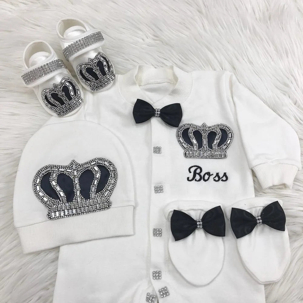 Dollbling Emerald Newborn Baby Boy Personalized Name Outfits 4pcs Welcome Home Hospital Crown Jewelry Romper Set