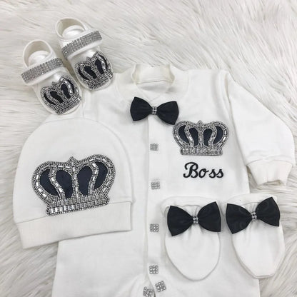 Dollbling Emerald Newborn Baby Boy Personalized Name Outfits 4pcs Welcome Home Hospital Crown Jewelry Romper Set