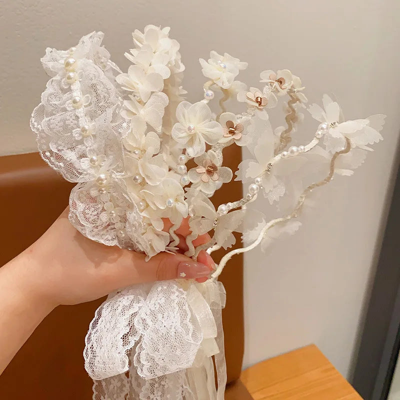 White Lace Hair Flower Butterfly Hairbands Princess Pearl Headbands
