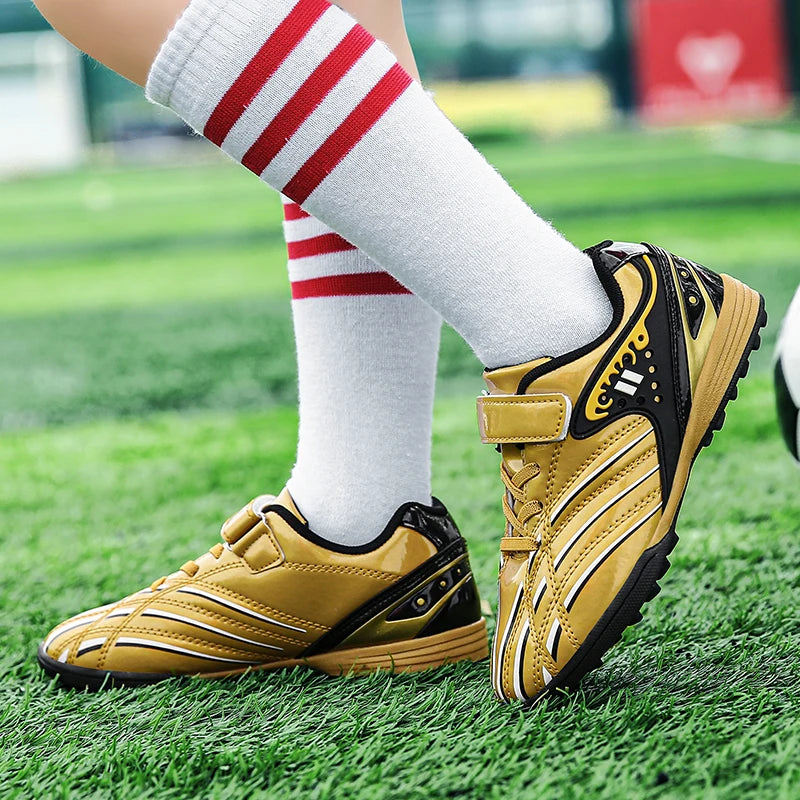Fashion Gold Children's Shoes Outdoor Non-Slip Turf Soccer Shoes Kids HOOK&LOOP