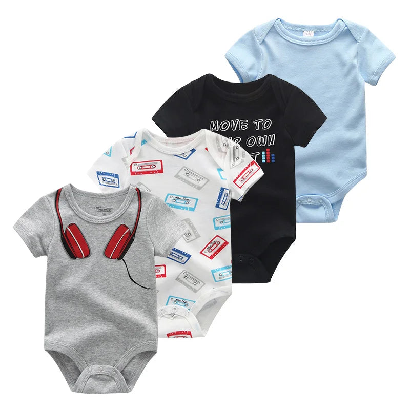 4-Piece Baby Romper Set, Soft Cotton Cartoon Print Short Sleeve Bodysuits for Newborn Boys and Girls (0–12M)