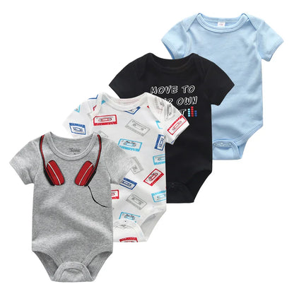 4-Piece Baby Romper Set, Soft Cotton Cartoon Print Short Sleeve Bodysuits for Newborn Boys and Girls (0–12M)