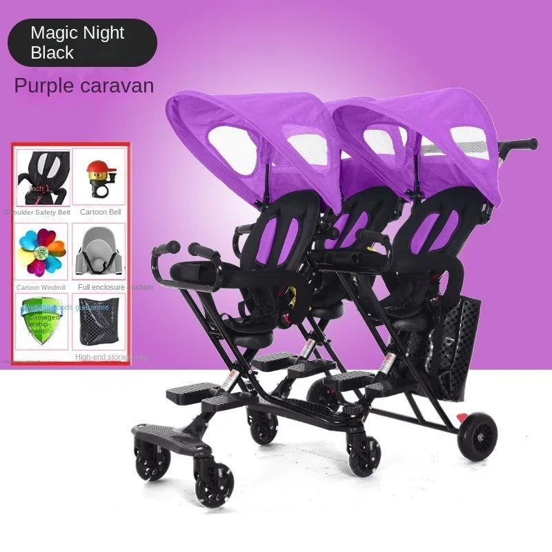 Triplet Stroller One-key Folding Detachable Universal Roller with Brake Anti-rollover Multiple Children Baby Stroller