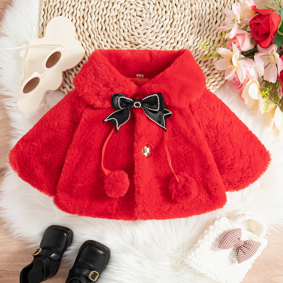 Winter Clothes Bow Solid Color Lapel Fleece-Lined Baby Girl