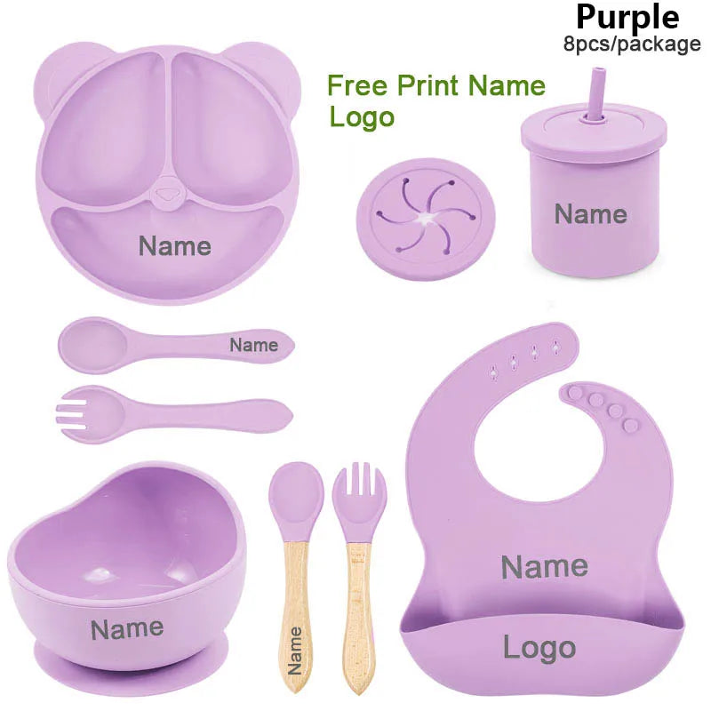 Silicone Sucker Bowl Plate Cup Bibs Spoon Fork Sets Personalized Name Children's Feeding Dishes Silicone Tableware Set For Kids
