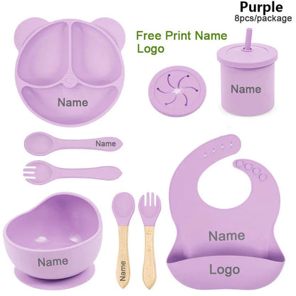 Silicone Sucker Bowl Plate Cup Bibs Spoon Fork Sets Personalized Name Children's Feeding Dishes Silicone Tableware Set For Kids