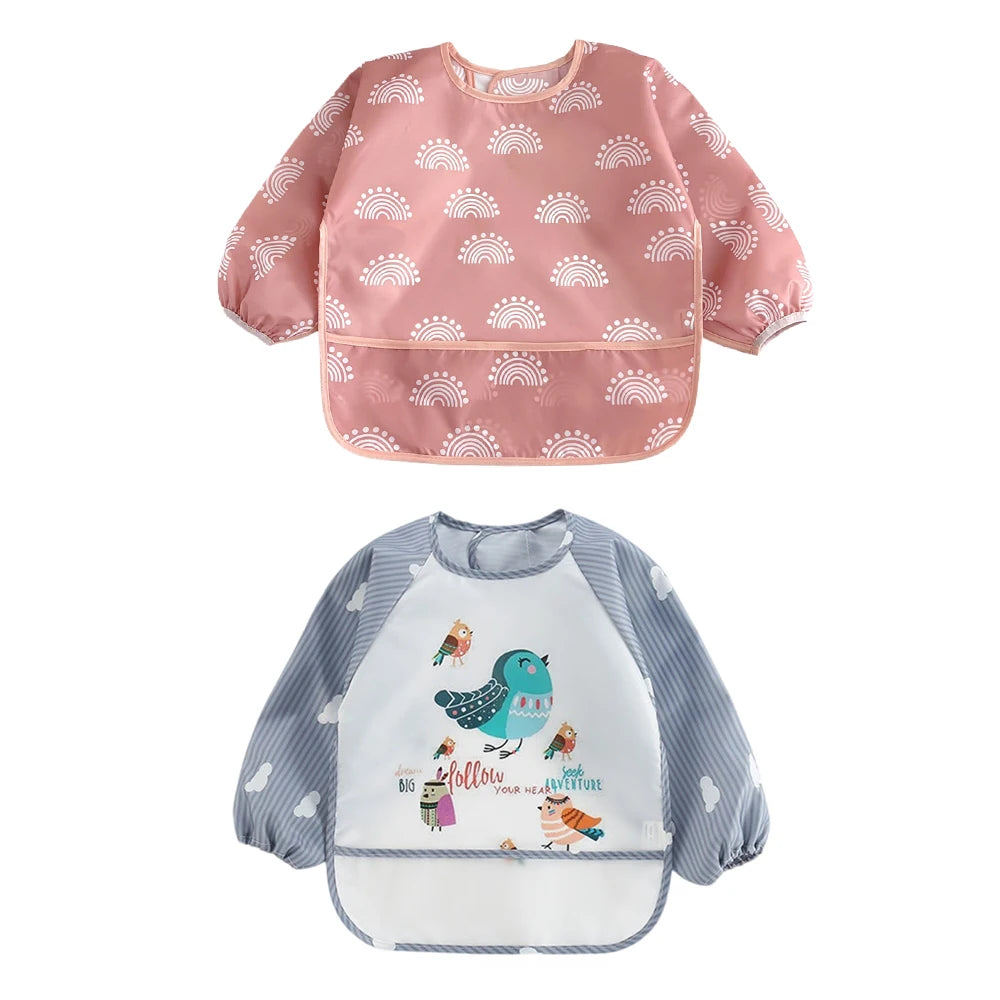 2pcs Waterproof Full Sleeve Baby Bibs Children Apron Long Sleeve Feeding Smock Kids Eating Breastplate Infant Scarf Clothing