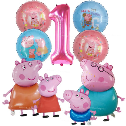 9pcs Peppa Pig Foil Balloon Set Pink Numbers Birthday Party Decoration Cartoon Family Balloons for Children's Events Baby Gifts