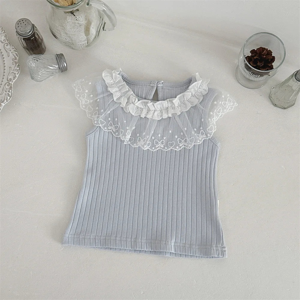 6M-2Y Summer Sweet Style Girls Set Lace Ruffle Collar Sleeveless Tee+White Ruffle Shorts 2Pcs Clothes Soft Cotton Infant Suit
