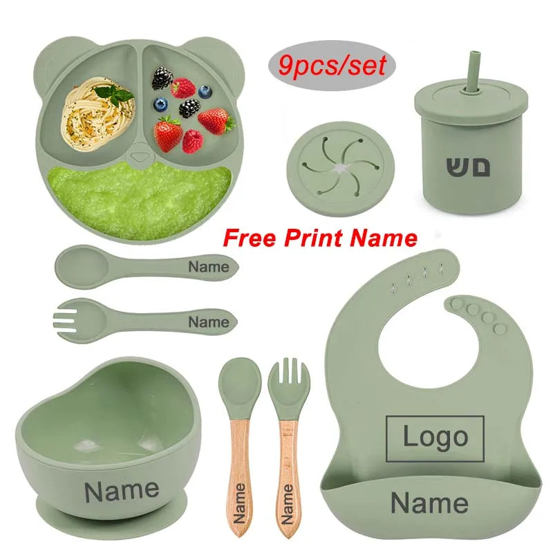 Silicone Sucker Bowl Plate Cup Bibs Spoon Fork Sets Personalized Name Children's Feeding Dishes Silicone Tableware Set For Kids