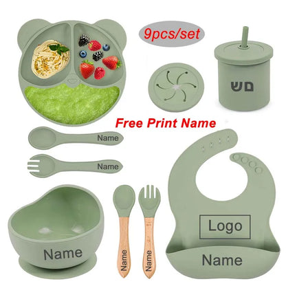 Silicone Sucker Bowl Plate Cup Bibs Spoon Fork Sets Personalized Name Children's Feeding Dishes Silicone Tableware Set For Kids