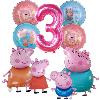 9pcs Peppa Pig Foil Balloon Set Pink Numbers Birthday Party Decoration Cartoon Family Balloons for Children's Events Baby Gifts