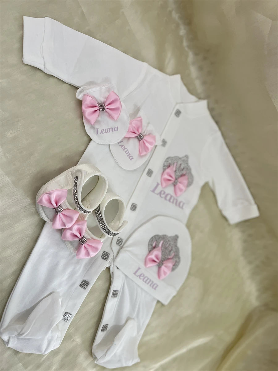 Light Pink Newborn Baby Personalized Name Outfits 4 Pieces Welcome Home Hospital Crown Jewelry Romper Set Layette