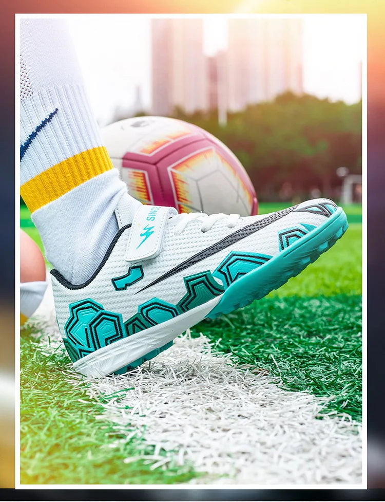 Kids Turf Stud Soccer Shoes for Boys Girls Anti-Slip Hook-and-Loop Short Studs for Artificial Grass Training