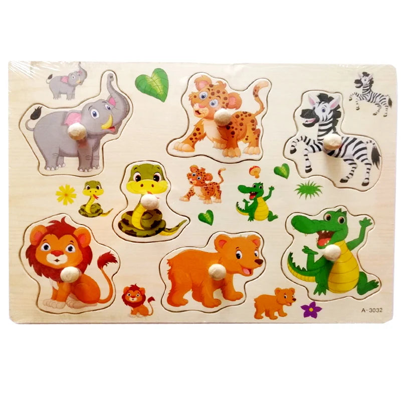 30cm Baby Toys Wooden Puzzle Hand Grab Board Educational Wood Puzzles for Kids Cartoon Animal Vehicle Child Gift