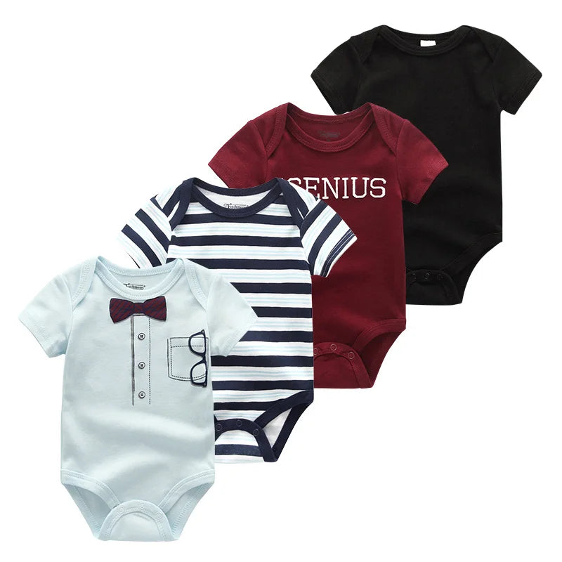 4-Piece Baby Romper Set, Soft Cotton Cartoon Print Short Sleeve Bodysuits for Newborn Boys and Girls (0–12M)