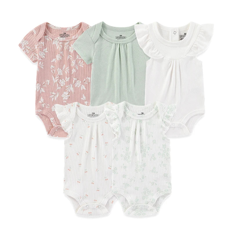 5-Piece Newborn Baby Bodysuit Set, Unisex Cotton Sleeveless Rompers with Cartoon and Solid Color Designs for Boys and Girls