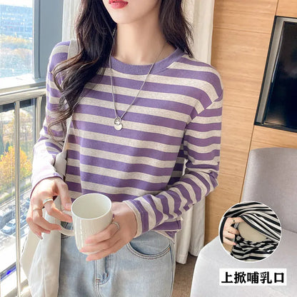 Autumn Postpartum Woman Breastfeeding Cotton T-shirt Lace Two-piece Nursing Tees Maternity