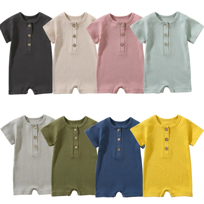 Infant Baby Romper, Lightweight Ribbed Knit Short Sleeve Jumpsuit Pajamas for Boys and Girls