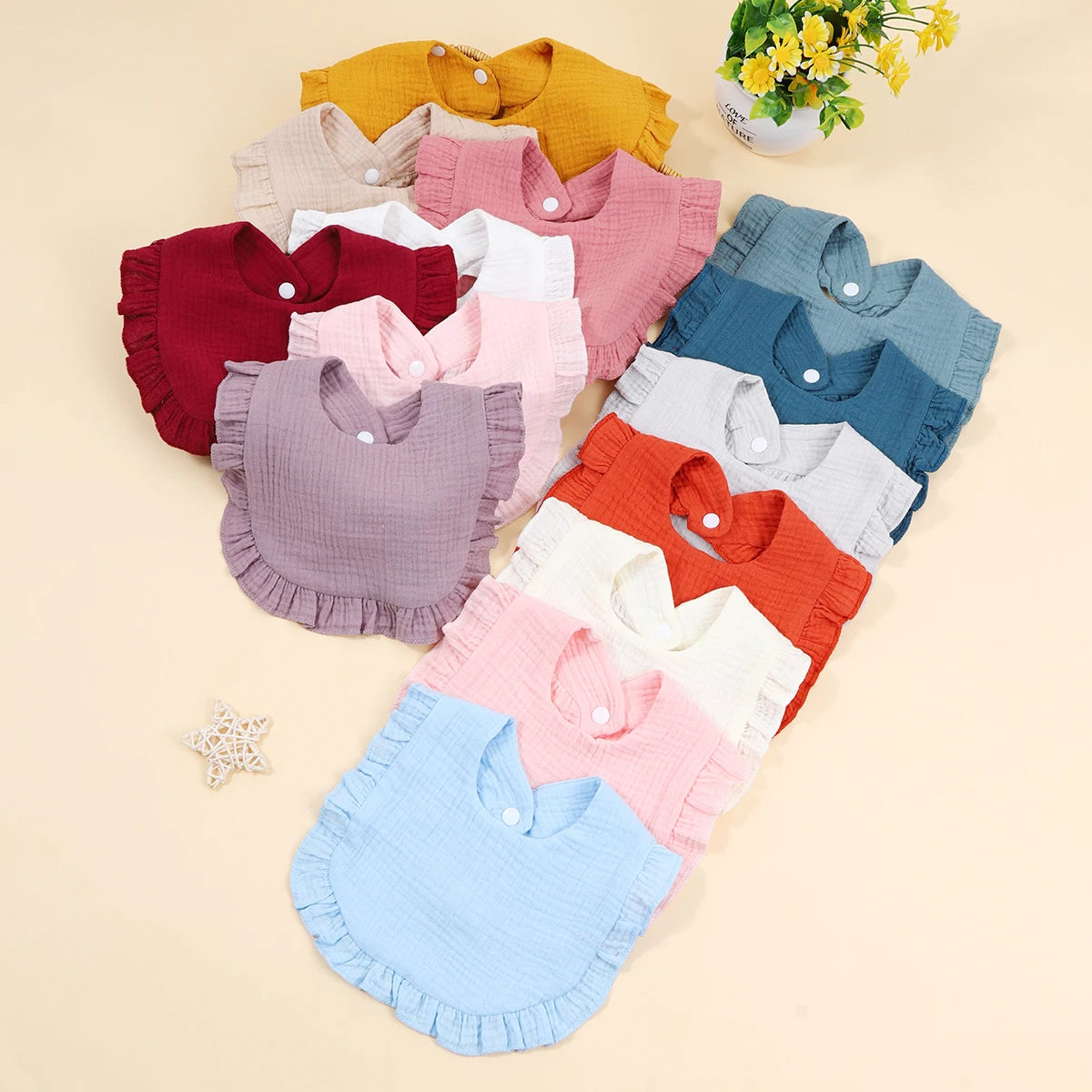 6Pcs/Lot Ribbed Baby Bibs Hair Bows Headbands for Baby Girls Ruffled Flower Saliva Towel Feeding Burp Cloth Scarf Headwear