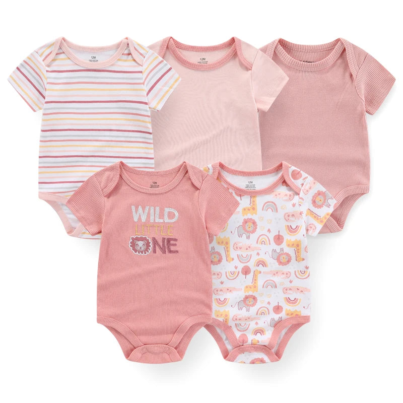 5-Piece Newborn Baby Bodysuit Set, Unisex Cotton Sleeveless Rompers with Cartoon and Solid Color Designs for Boys and Girls