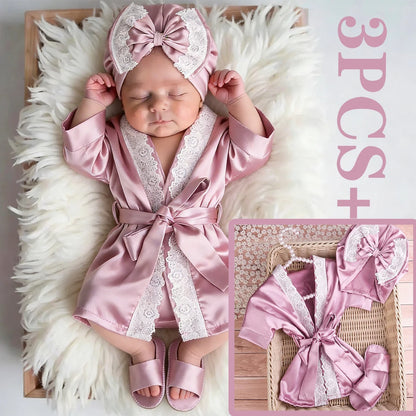3PCS Newborn Photography Outfits Set 1 Month 100 Days Baby Girl Lace Dathrobe With Bow Turban Hat And Slippers Photo Props