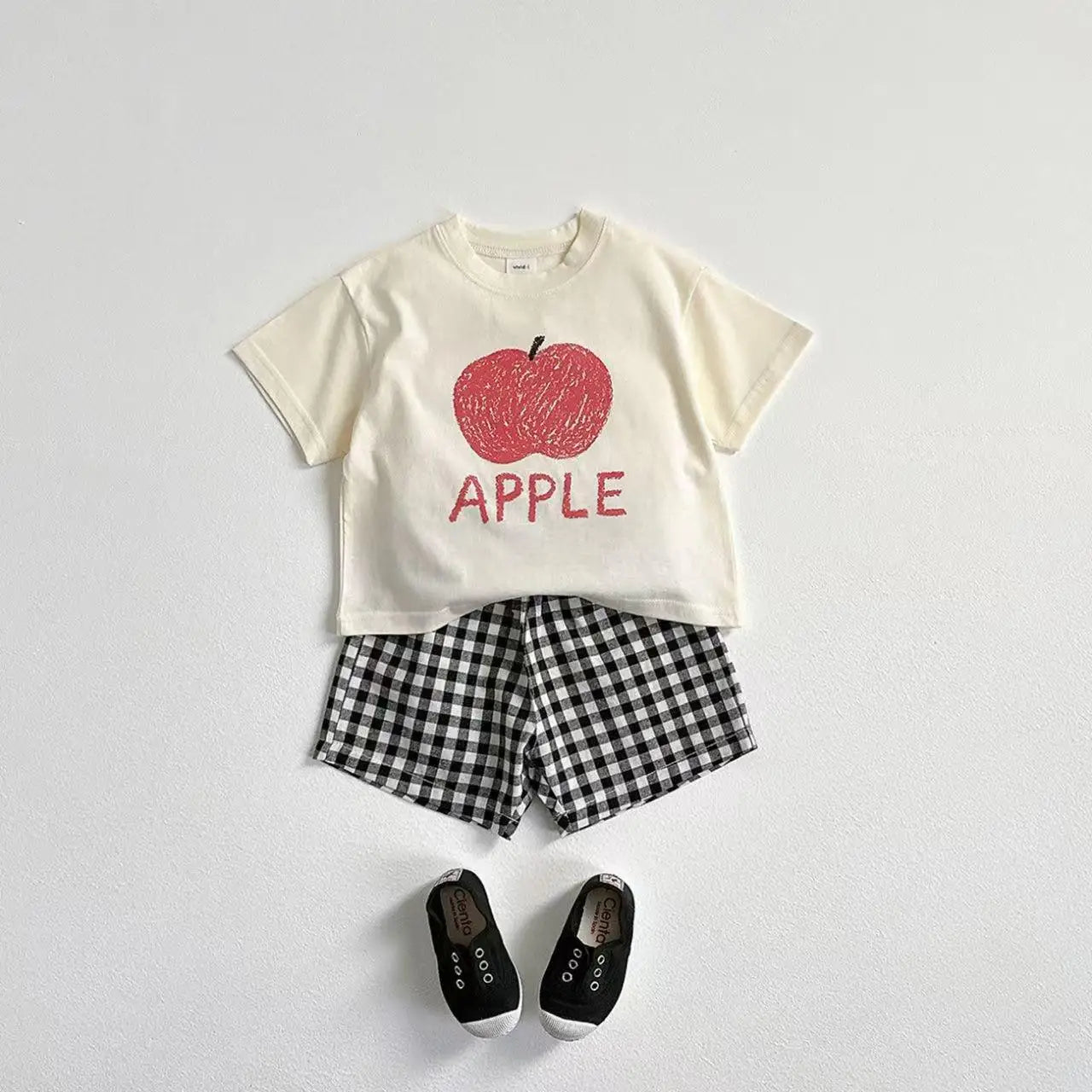 Fruit Pattern T-shirt Children's Clothes Summer Fashion Casual Short Sleeve Suit Tees + Plaid Shorts Kids Outfits