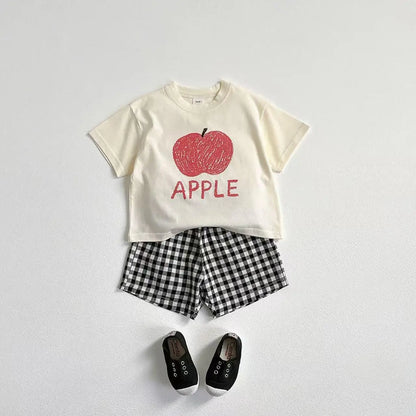 Fruit Pattern T-shirt Children's Clothes Summer Fashion Casual Short Sleeve Suit Tees + Plaid Shorts Kids Outfits