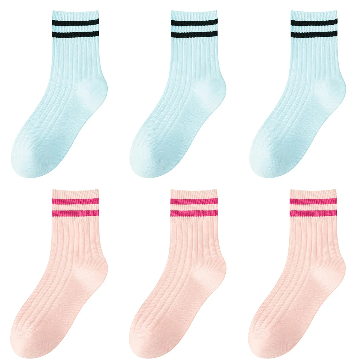 Kids Boys Girls Cotton Socks - Seamless Double Needle Ribbed 2-Stripe, All Season School Home Sports Socks