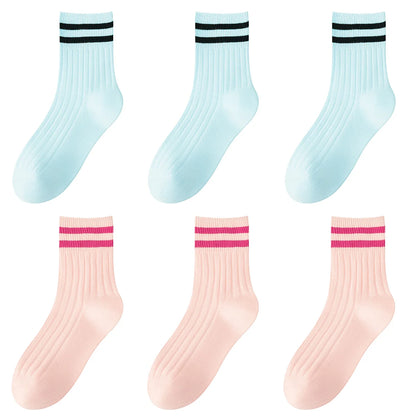 Kids Boys Girls Cotton Socks - Seamless Double Needle Ribbed 2-Stripe, All Season School Home Sports Socks