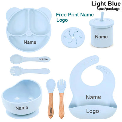 Silicone Sucker Bowl Plate Cup Bibs Spoon Fork Sets Personalized Name Children's Feeding Dishes Silicone Tableware Set For Kids