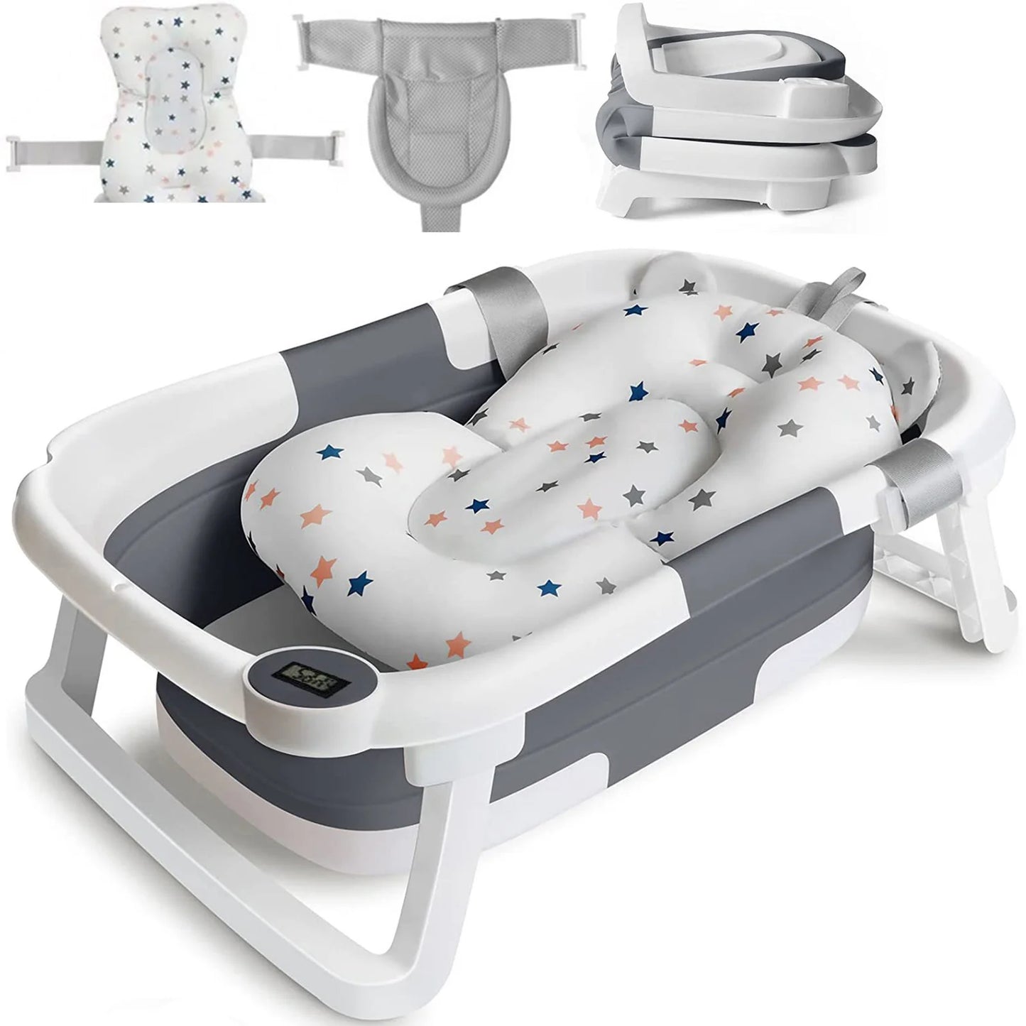 Baby Bath Tub with Bath Cushion Foldable Bathtub with Thermometer Shower Cap Shower Brush for Newborn and Toddler 0-36 Months