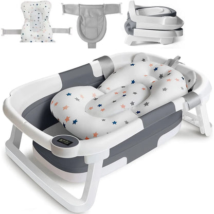 Foldable Baby Bath Tub with Bath Cushion Infant Tub with Thermometer Non-Slip Collapsible Baby Bathtub Newborn to Toddler