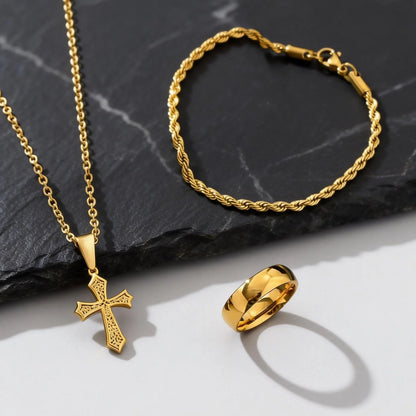 3pcs/set Men's Stylsh Cross Necklace Set,Stainless Steel Twistd Rope Chain Wristband,Cool Hip Hop Jewelry Set Gift