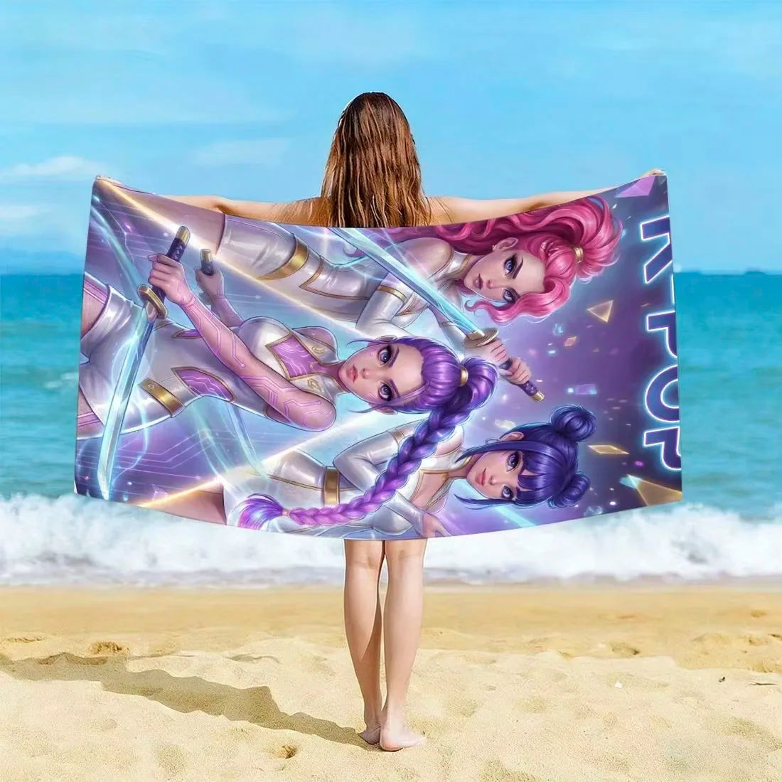 K-pop Idol Style Beach Towel Flat Print Anime Warrior Girls Graphic Bath Towel for Fan Gift Summer Concert Outdoor Decor