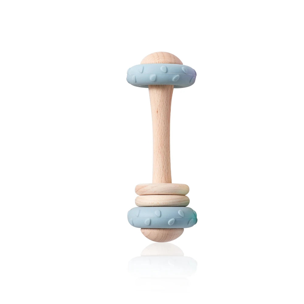 Baby Silicone Teething Toy – Upgraded Rattle, Natural Wood, Food Grade & Gnawable, Easy to Clean, Sensory Training for Infants