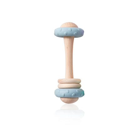 Baby Silicone Teething Toy – Upgraded Rattle, Natural Wood, Food Grade & Gnawable, Easy to Clean, Sensory Training for Infants