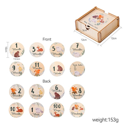Newborn Baby Growth Milestones 0-12 Months Wooden Card With Box Photo Accessory Cartoon Animal Picture Souvenir Wooden Baby Gift