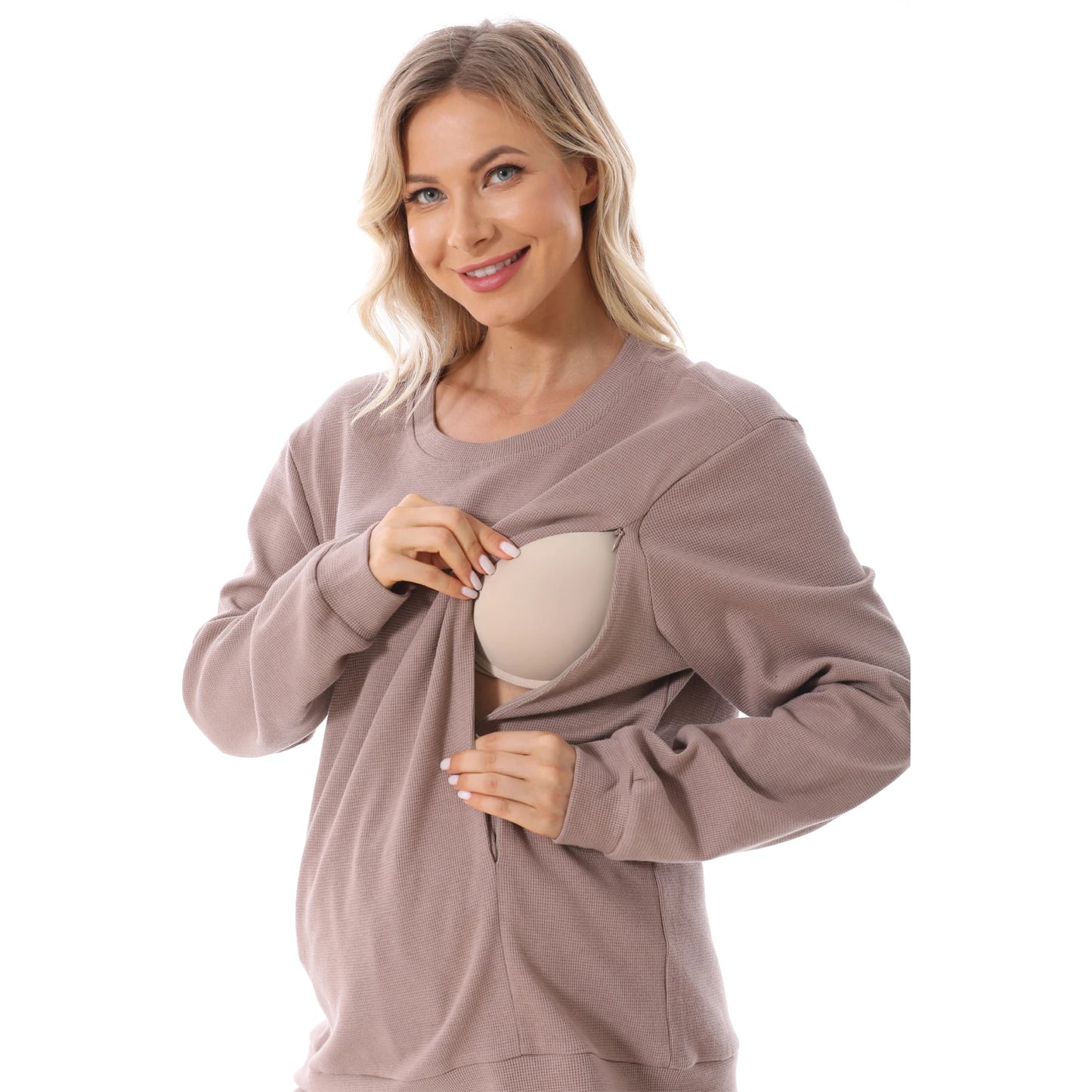New Maternity Clothes Wear Set Waffle Breastfeeding Sweater Hoodies Pregnancy Casual Tops for Pregnant Women Autumn Winter
