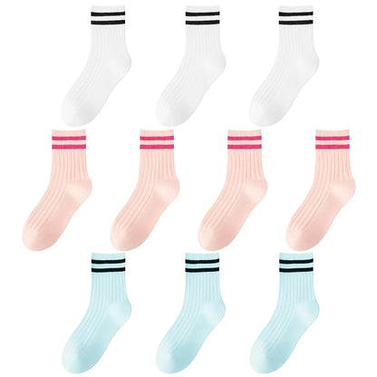 Kids Boys Girls Cotton Socks - Seamless Double Needle Ribbed 2-Stripe, All Season School Home Sports Socks