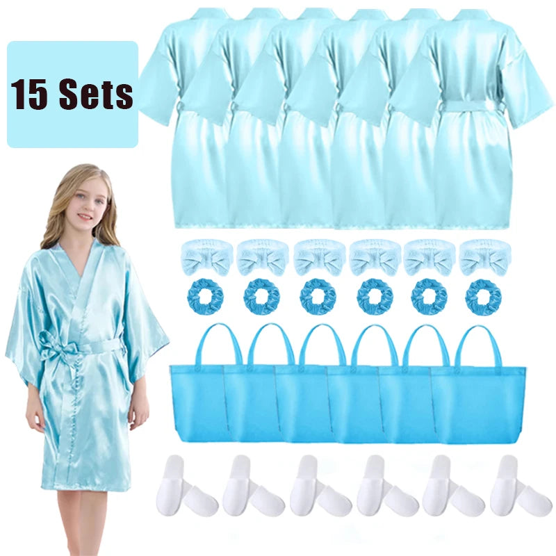 6-15Pcs Spa Party Robes for Girls Supplies Favors Kids Gowns Robe Soft Spa Headband Sleepover Birthday Party