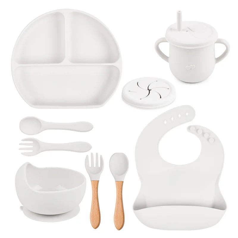 3/9Pcs Baby Tableware Set Food Grade Silicone Baby Dishes for Children's Cute Print Bib Bowl Non-Slip Plates with Sucker BPAFREE