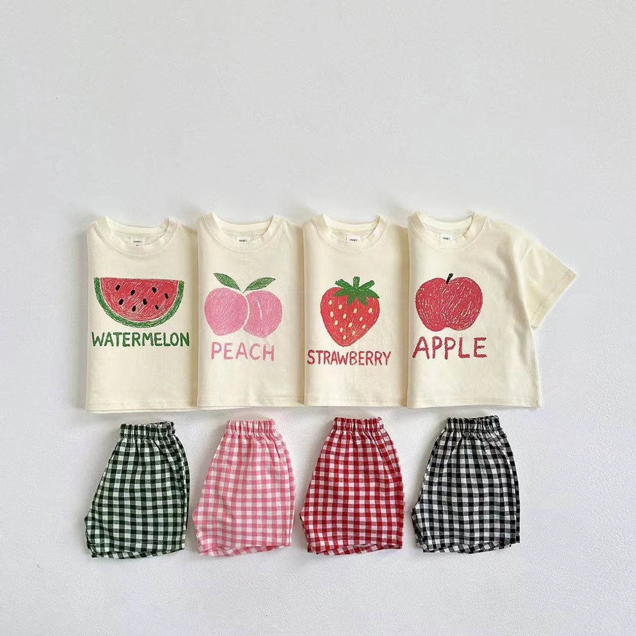 Fruit Pattern T-shirt Children's Clothes Summer Fashion Casual Short Sleeve Suit Tees + Plaid Shorts Kids Outfits